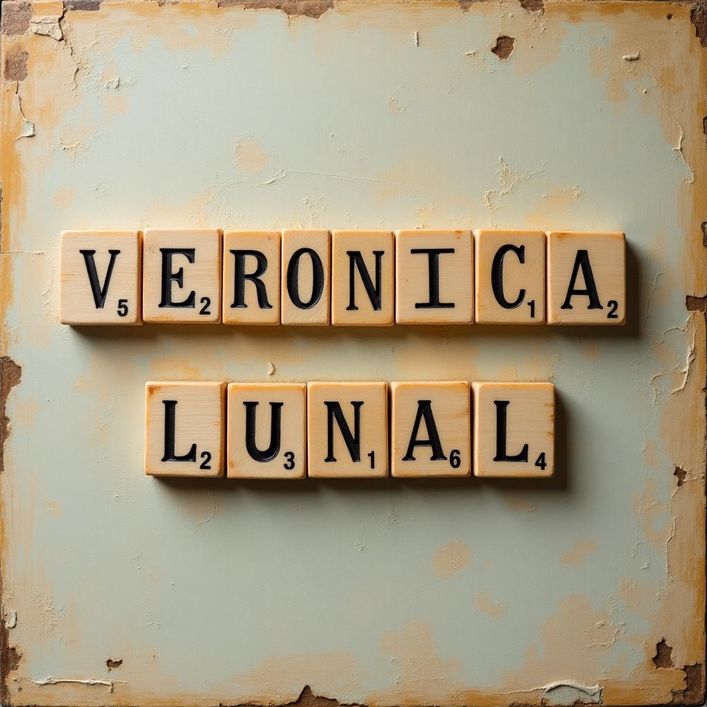 Four names connected with Scrabble letters. 'Veronica' is the base name. The letters arranged artistically on a vintage surface.