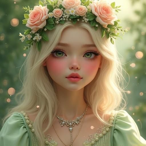 Digital painting of a young woman with fair skin. She has large green eyes and long light blonde hair. She wears a floral crown of roses and small flowers. Necklace design is intricate with a pendant. The garment is light green and shimmering. Background shows blurred greenery and bokeh lights.