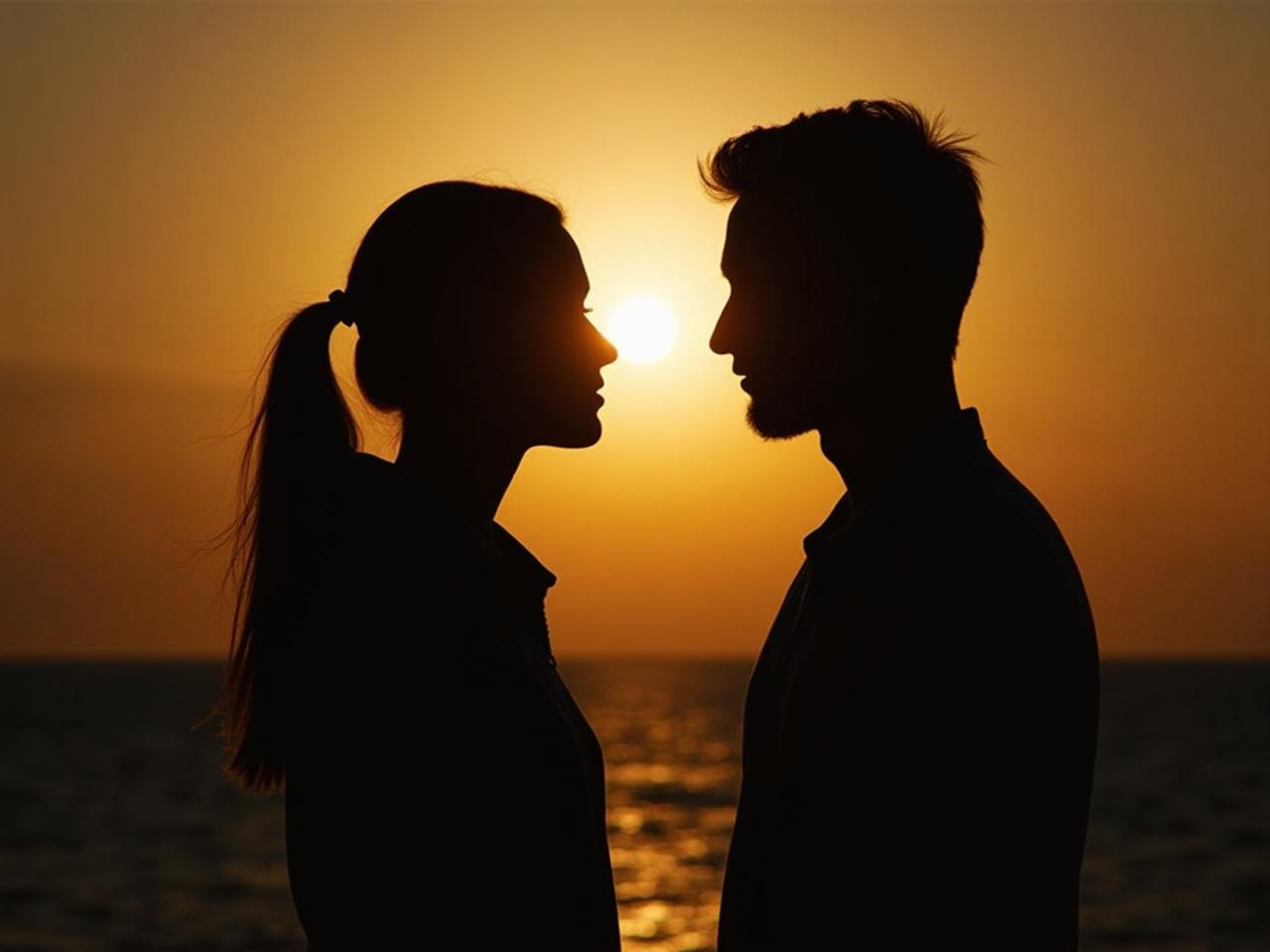 In this evocative image, two silhouetted figures stand face-to-face against a warm, golden sunset over the ocean. The sun is positioned perfectly between them, creating a sense of balance and harmony. This romantic scene captures the essence of connection and intimacy, with the calm sea in the background adding a layer of tranquility.