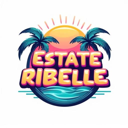 A summer-themed logo features the text ESTATE RIBELLE. Retro 1990s–2000s style is evident in the bold and rounded font. Vivid colors like turquoise, neon pink, bright violet, and neon yellow are used. The font has a slightly 3D look. Iconic summer disco elements like palm trees, waves, and a sun symbol are included. Abstract geometric shapes inspired by vinyl records or tapes are present. The background is white and minimal, highlighting the bright colors while conveying energy and fun.
