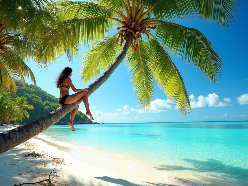 Imagine a serene tropical scene where a person is sitting on a thick palm tree branch, their bare feet dangling down. The sky above is bright blue with a few wispy clouds. Below, a stunning clear turquoise sea stretches out, with gentle waves next to a white sandy beach. Lush green palm leaves sway softly in the warm breeze. The sunlight casts a warm glow on the scene, creating a perfect relaxation moment in paradise.