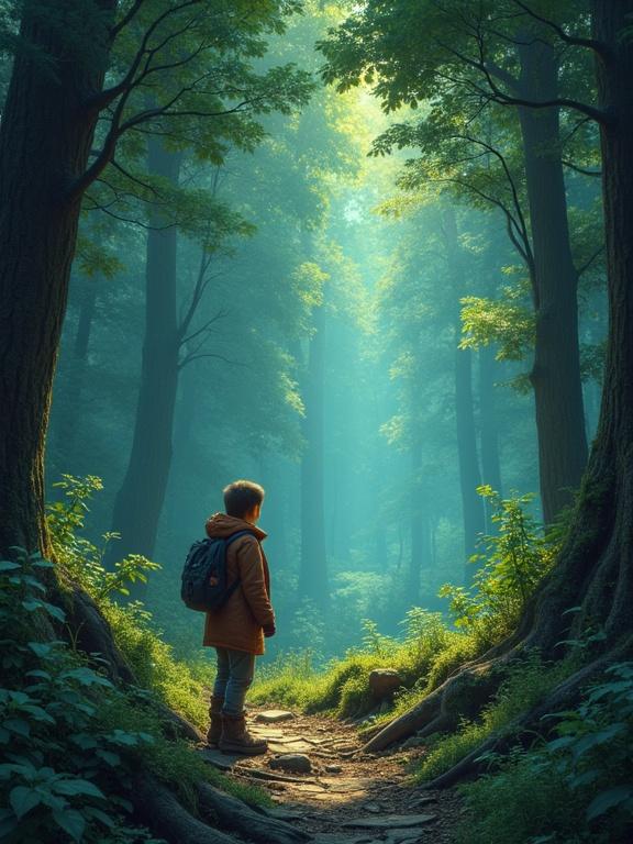 A child stands at the edge of a forest path. Tall trees surround with soft light filtering through leaves. A sense of magic and adventure fills the scene. Nature feels alive.