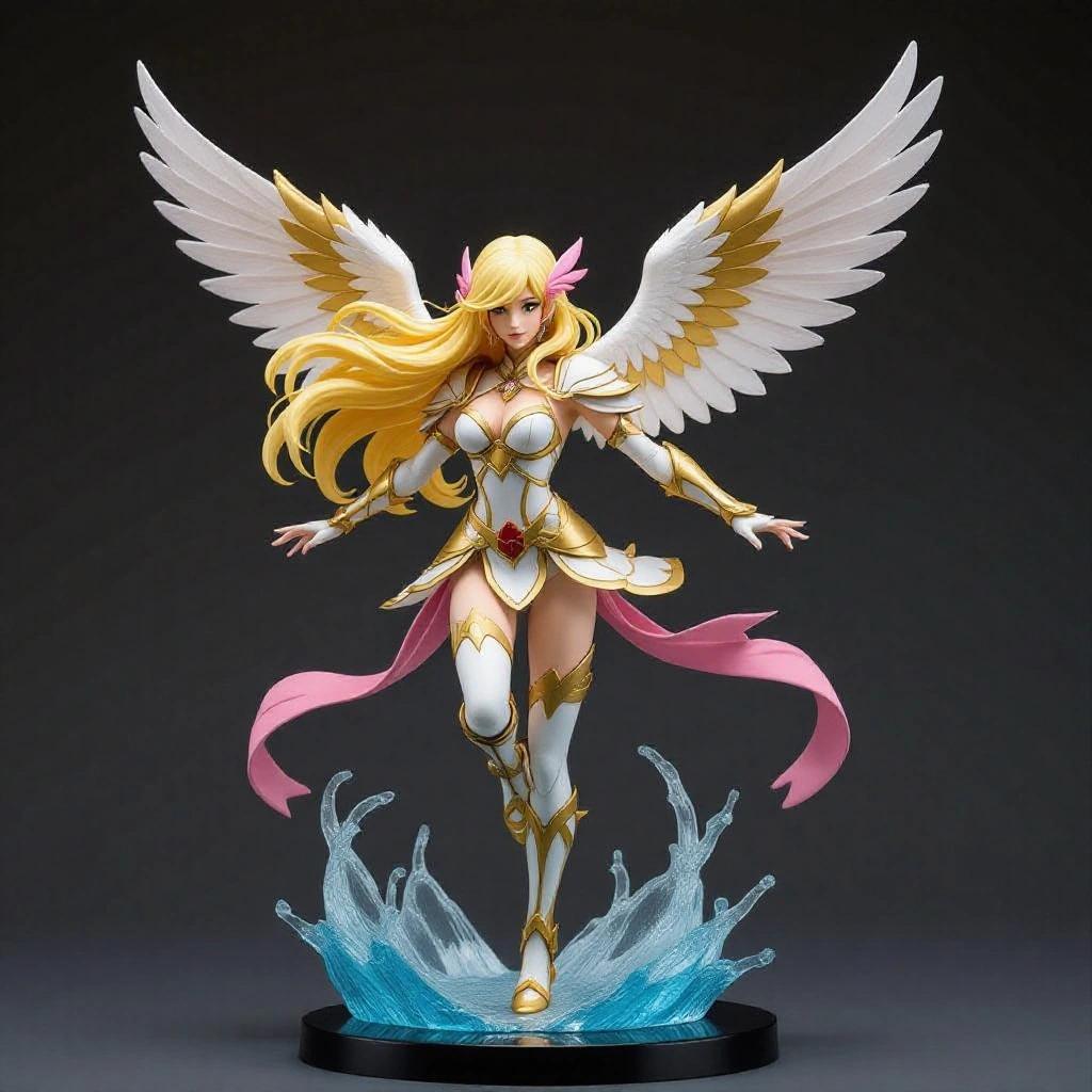 Female resin figure inspired by Pidgeot. Stylized elegant woman with athletic body. Long blonde and pink hair like Pidgeot's feathers. Wearing light winged warrior outfit in gold cream and red. Large wings in takeoff position. Dynamic pose with one leg back, slightly bent. Torso turned, one hand extended forward. Firm serene expression. Solid base decorated with rocky ground and carved wind to indicate movement. Design conveys lightness speed and elegance.