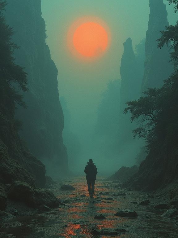 A solitary figure traversing a misty canyon. Surreal sunset looms above. Dark green and gray tones create an ethereal ambiance.