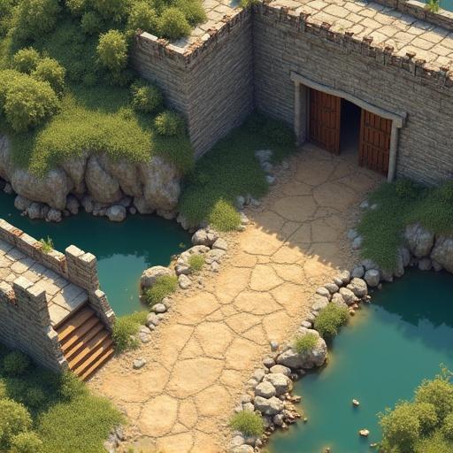 Map for Suin Bridge Keep features stone walls and pathways. Entrance has wooden doors. Surrounding area includes grass, trees, a water feature, and rocky edges. Aerial perspective highlights the structure and its layout.