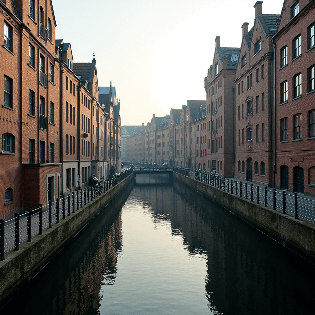 A canal passes between rows of red brick buildings under a misty sky.