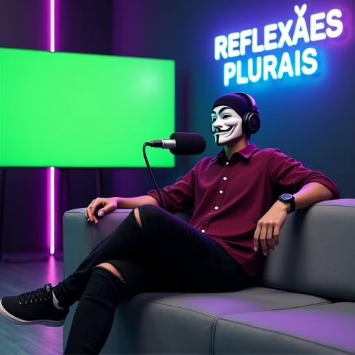 A man seated on a modern gray couch inside a podcast studio. He wears a Guy Fawkes mask and a maroon button-up shirt. Black ripped jeans and black sneakers with white soles. Speaking into a black podcast microphone attached to a green arm boom. Wearing black over-ear headphones and a black beanie. Behind him, a neon sign glows with the words 'REFLEXÕES PLURAIS'. Large TV screen with solid green display for chroma key editing. Studio has purple LED strip lights and a tech-inspired atmosphere. Man sits with relaxed posture, left arm on the couch backrest. Ultra realistic textures and high-resolution details.