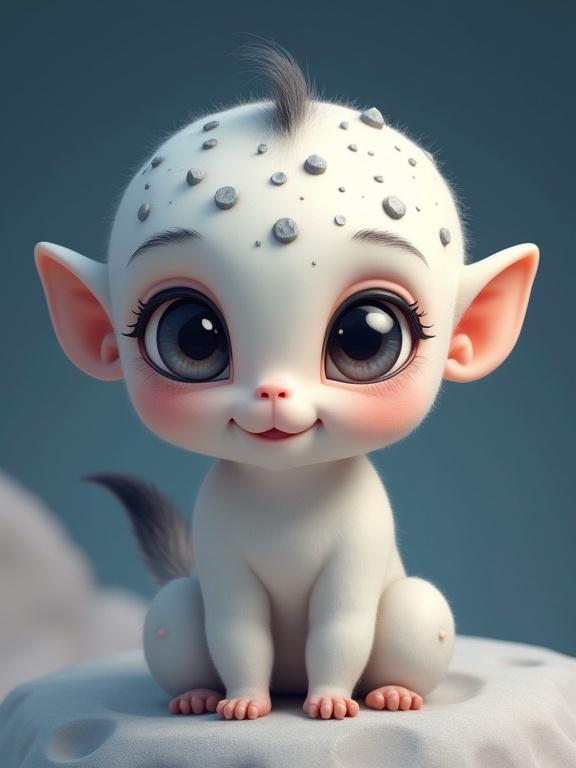 A cute alien creature resembling a child with soft light gray fur resembling the moon's surface. Covered in small craters, it has small dark gray ears, dark gray hair, and a fluffy dark gray tail. It features big innocent eyes and a baby face with a friendly expression. Cartoon style with colorful and soft textures suitable for children's book illustration.