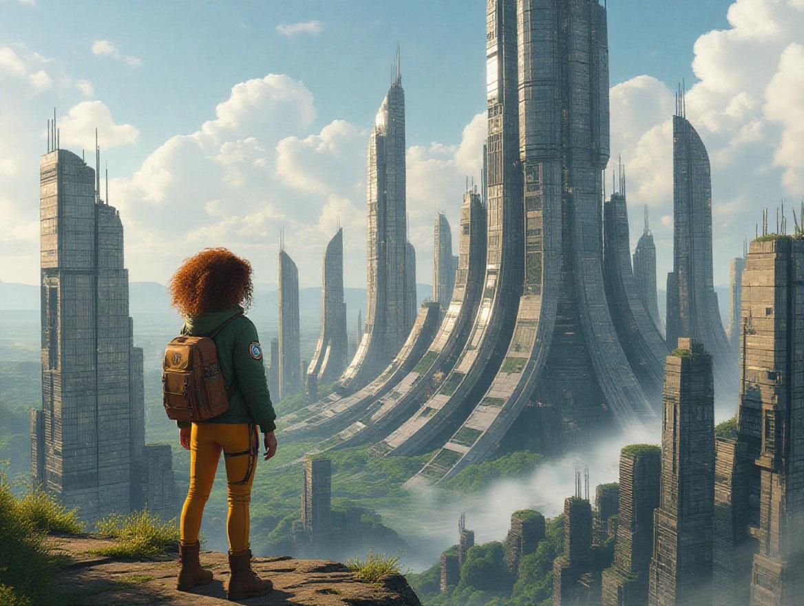 A young woman with curly reddish-brown hair stands on a rocky outcrop. She wears a green bomber jacket with an emblem, mustard-yellow leggings, rugged boots, and a brown backpack. In the background, colossal dark metal spires of a former Galactic capital are visible. Nature encroaches among the ruins. The sky is a bright blue with clouds. Warm light illuminates the scene.
