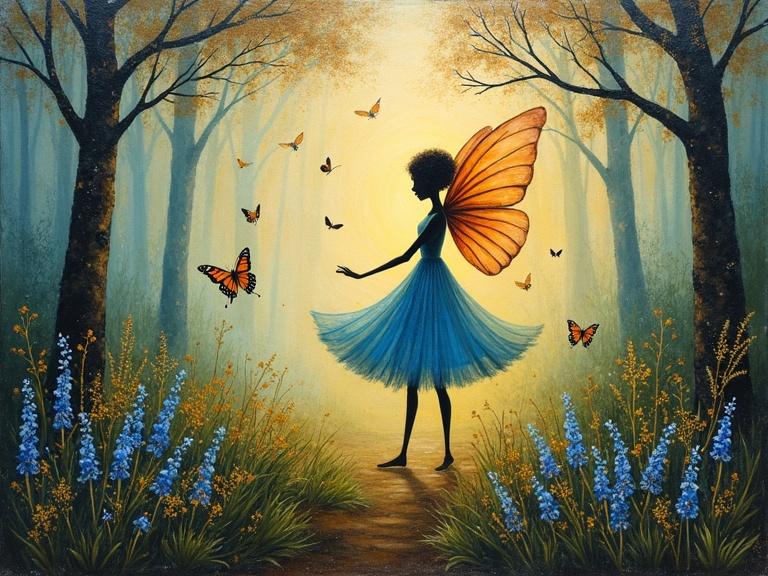 Surreal whimsical painting in a serene forest glade. Features a dancing fairy with butterfly wings amidst butterflies. Bluebell elements are present. The backdrop shows a beautiful forest. Soft textures with a muted background enhance a dreamlike atmosphere. The artwork utilizes mixed media techniques. It includes texture play with various materials like jute and wood. The composition radiates depth and a sense of magical realism.
