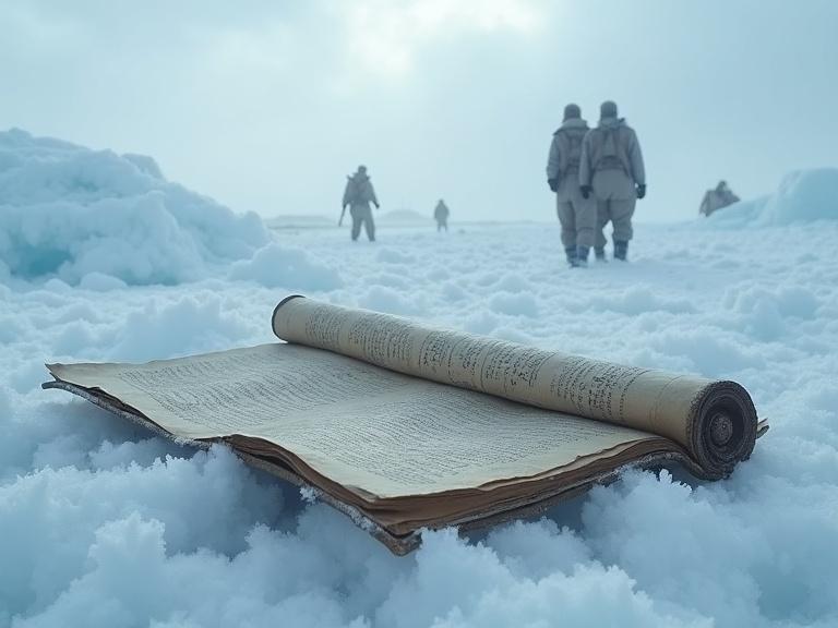 A scroll half-buried in Antarctic ice shows faded symbols. Ghostly silhouettes of past civilizations are in the background. Distant figures are digging through frost. The heavy sky suggests lost history. Cold dramatic lighting enhances the scene's emotion.