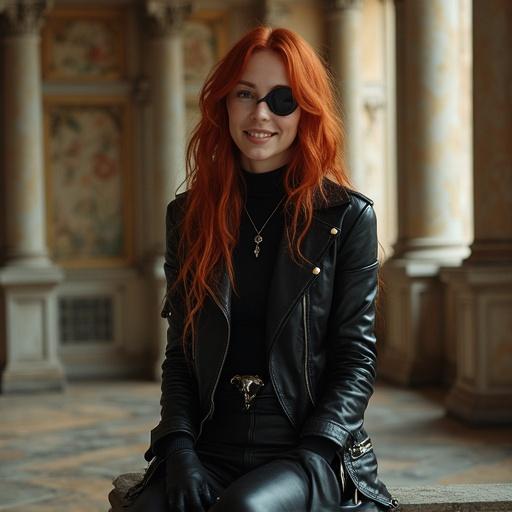 A beautiful young woman has long wavy red hair and wears an eyepatch. She is dressed in a feminine black leather jacket, a tight black turtle-neck shirt, and tight black leather pants. She wears black gloves and plain high-heeled boots. A necklace and a belt with a skull buckle complete her outfit. She sits on a stone chair inside a majestic palace courtyard, with an apple tree nearby.