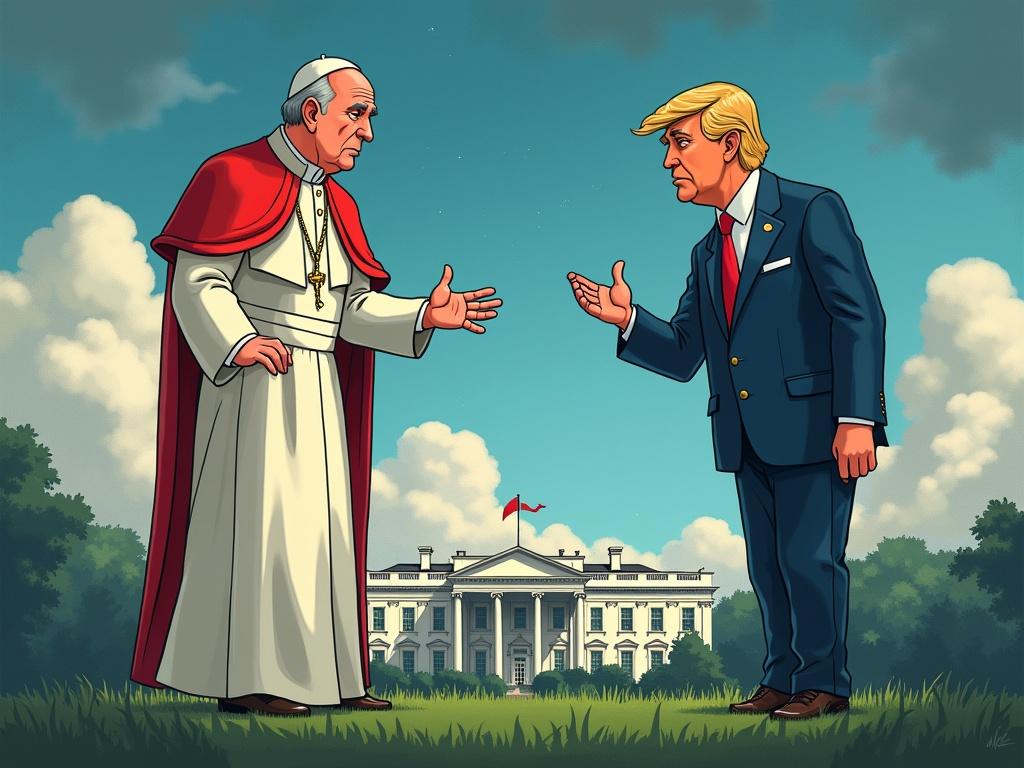 A political cartoon features Pope Francis on a cloud and Donald Trump on earth. The scene has a dark steampunk fantasy atmosphere. The White House is in the background. The characters exhibit vivid colors and expressive body language in Ghibli style.