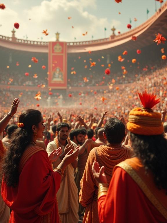 A large crowd scene set in the martial exhibition arena of Hastinapur. People of all ages are excited and celebrating. They are throwing flower petals and cheering. Bright flags and royal banners are in the background. Kings and queens are watching from royal balconies. The atmosphere is festive and energetic.