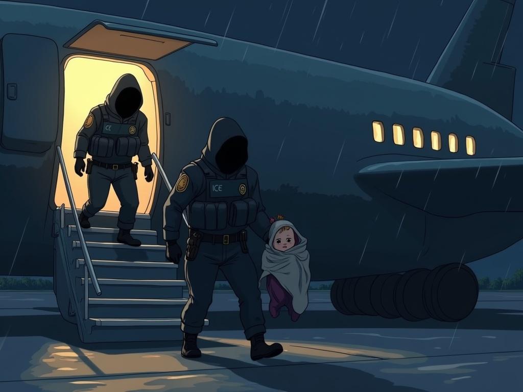 A dramatic Ghibli-style cartoon shows two hooded ICE agents in tactical gear carrying a small sick two-year-old baby in a maxi cozy up the stairs of a government airplane at night. The agents wear black hoods and dark uniforms marked 'ICE'. The baby is wrapped in a light blanket, looking confused. The aircraft is a large grey military-style jet with an open hatch, lit by harsh floodlights. The tarmac is wet from rain, reflecting the lights, creating a tense atmosphere.