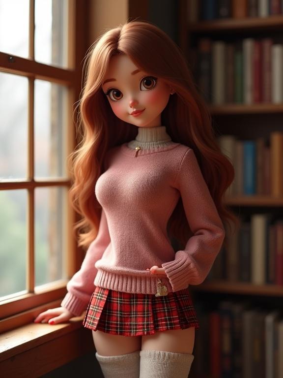 A doll wearing a mini plaid skirt and a cozy sweater stands by a library window. The doll has long hair and a warm expression. Socks are a prominent part of the outfit. The background has bookshelves. The doll looks directly at the observer and has a slight blush.