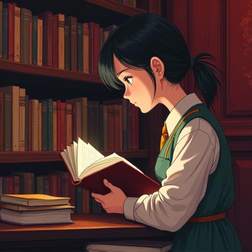 Anime illustration of a girl reading a book in a library. Warm lighting enhances the film noir inspiration. The library features detailed costumes in a military-inspired theme.