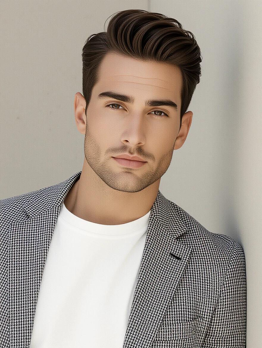 Portrait of a handsome 25-year-old man wearing a stylish checkered blazer over a plain white shirt. The background is minimalist, focusing on the subject's attire and hairstyle.