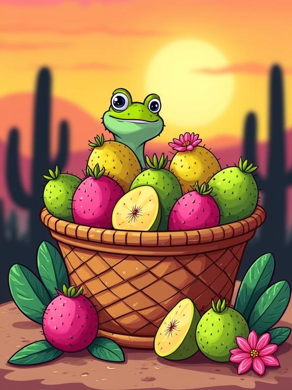 A cartoon illustration features a rustic Mexican-style basket. The basket is filled with prickly pears in magenta, green, and yellow. Some fruits are cut in half, showing their juicy interior. A cartoonish lizard is peeking from the basket. Cactus paddles with dewdrops and pink flowers surround the basket. The background showcases a desert sunset with cactus silhouettes. The basket has a textured look in terracotta tones. Bold colors and soft shading make the scene inviting.