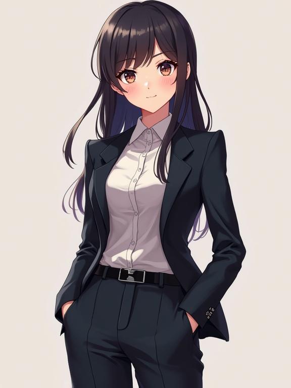 Business suit anime girl with modern and semi-realistic proportions in a contemporary anime style. Features clean line art, high contrast lighting, and a moe aesthetic with digital cel shading. Sharp shadows and saturated colors enhance the flat coloring technique. Artistic rendering reflects post-2010 anime style.