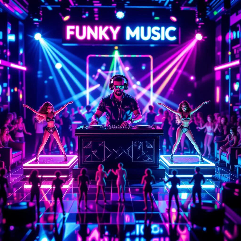 A miniature nightclub scene named Funky Music. The center showcases a DJ booth with a DJ wearing sunglasses and headphones. Two go-go dancers on illuminated platforms. A crowd of tiny figures dancing on a shiny floor. The environment is rich with neon colors, laser beams, and reflections. A diorama creates a nightlife vibe.