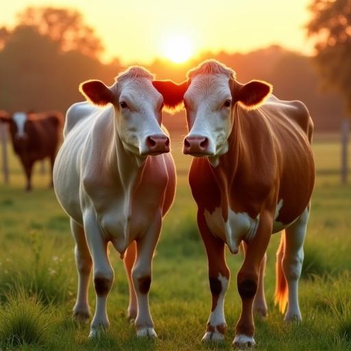 Two cows standing together in a lush pasture. They touch heads gently and appear calm and happy. One cow is secluded behind a fence in the background, seemingly distressed. Emphasis on emotions, warm sunset lighting.