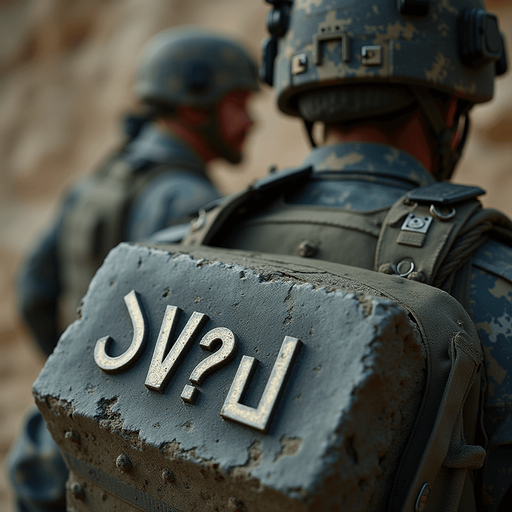 Two soldiers in camouflage gear stand in focus, with a mysterious emblem on one of their backpacks.