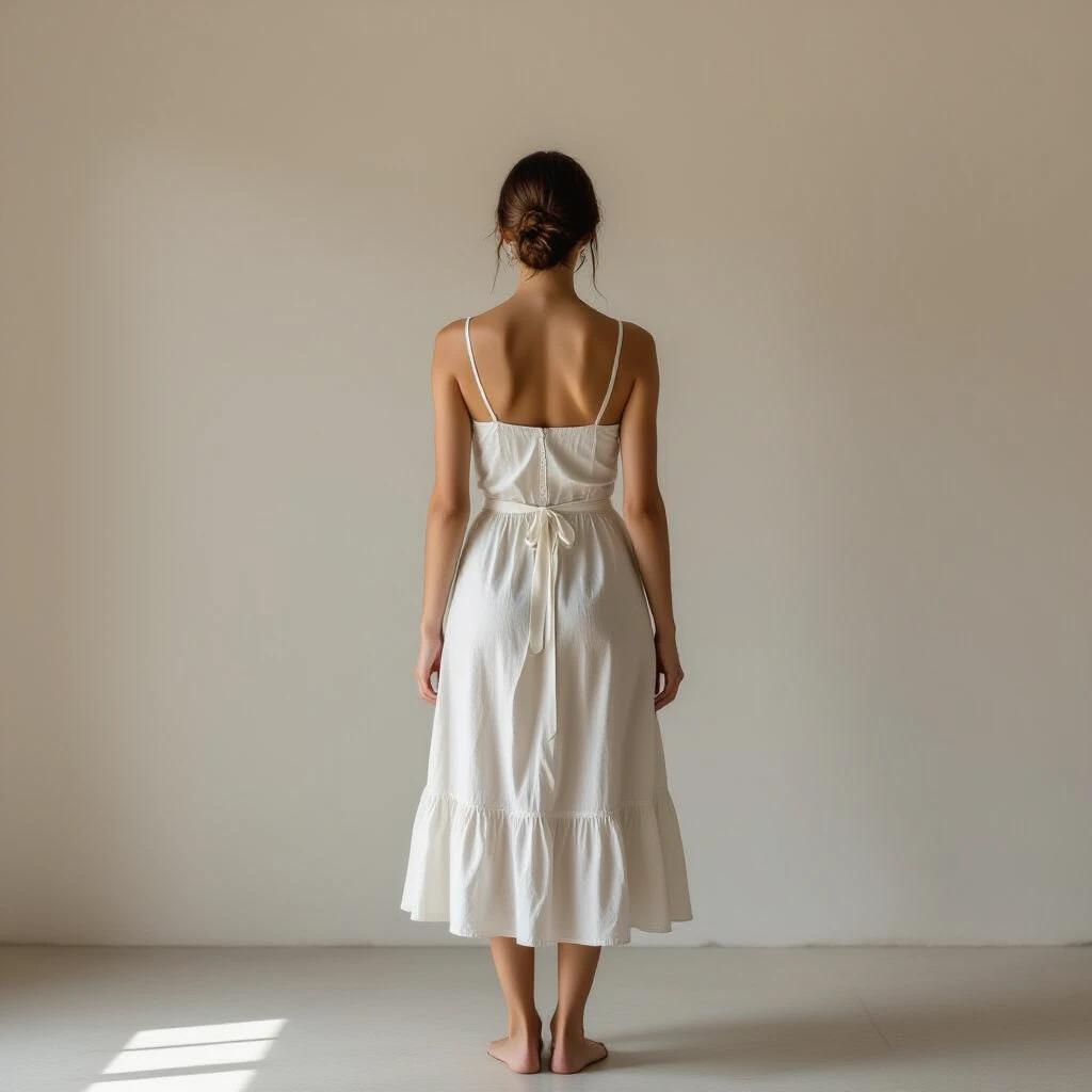 A woman stands barefoot with her back turned. She wears a white dress. Simple background. Soft natural lighting.
