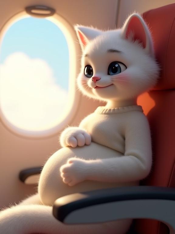 3D render of a white anthropomorphic cat sitting in an airplane seat. The cat is pregnant with a rounded belly and rests her paw on it. She wears a cozy sweater and has a soft smile. The setting is a well-lit airplane cabin with clouds visible outside the window. Volumetric lighting enhances the serene feeling.