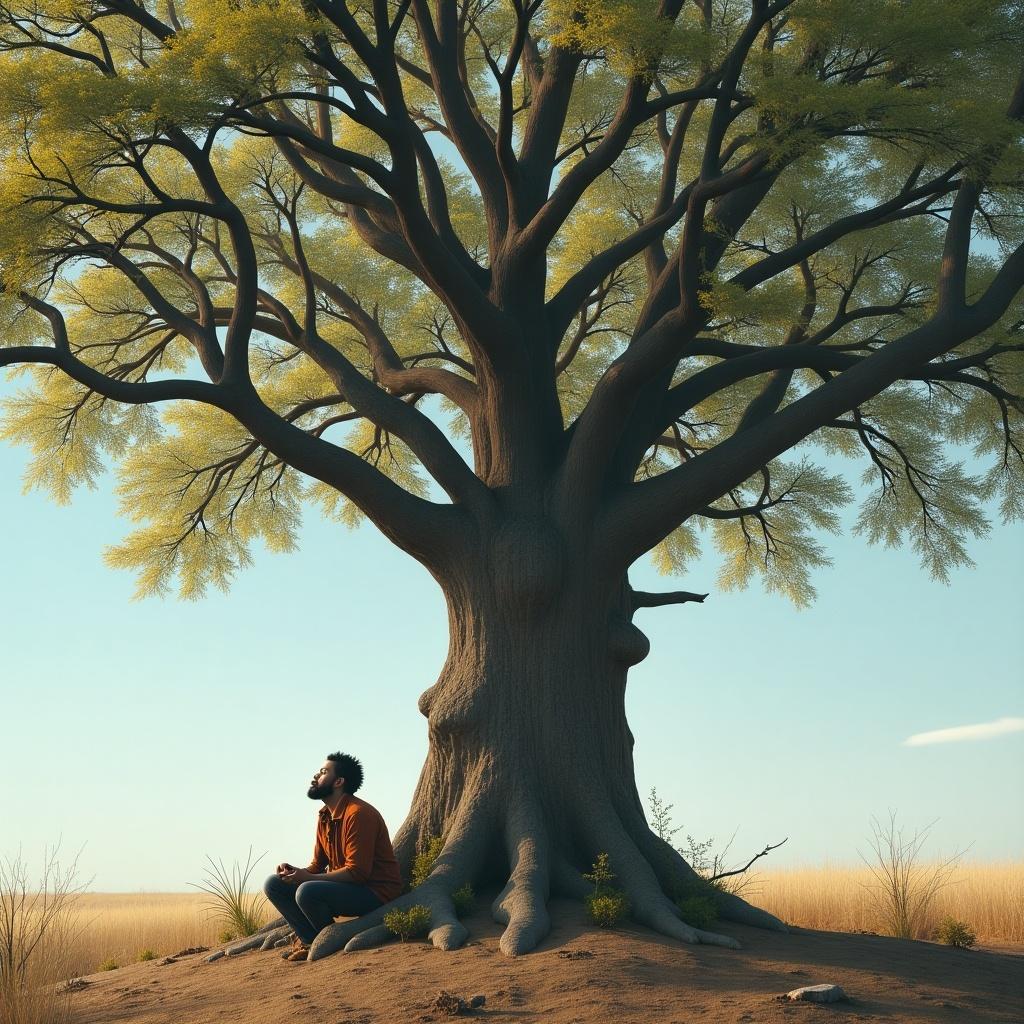 Majestic tree in a winter setting. A Rastafarian figure sits against the tree looking thoughtfully towards the sky.