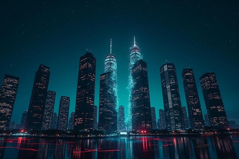 Futuristic cityscape with tall corporate buildings. Background is dark blue with stars. Red cracks on buildings. Green and blue glowing lines weave through structures.