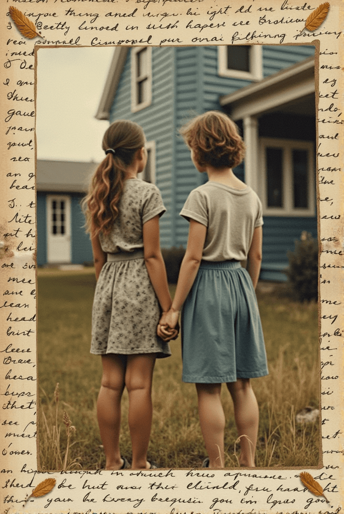 Two young girls holding hands and looking at a blue house, surrounded by an old-fashioned handwritten border.