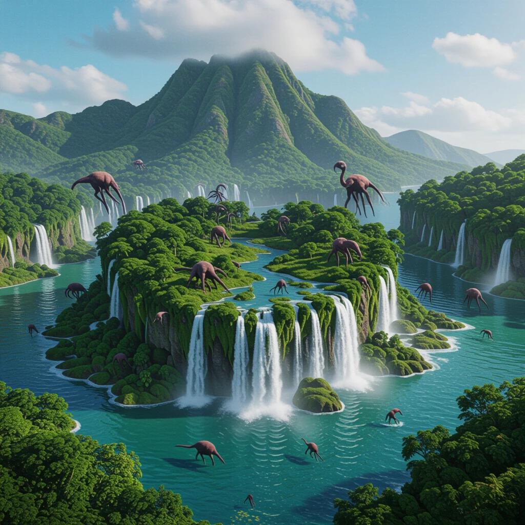 Aerial view of a wild island with vibrant greenery and sparkling waterfalls. Strange creatures roam the landscape. The scene is bright and colorful. Mountains provide a stunning backdrop. Fantasy elements appear throughout the environment.
