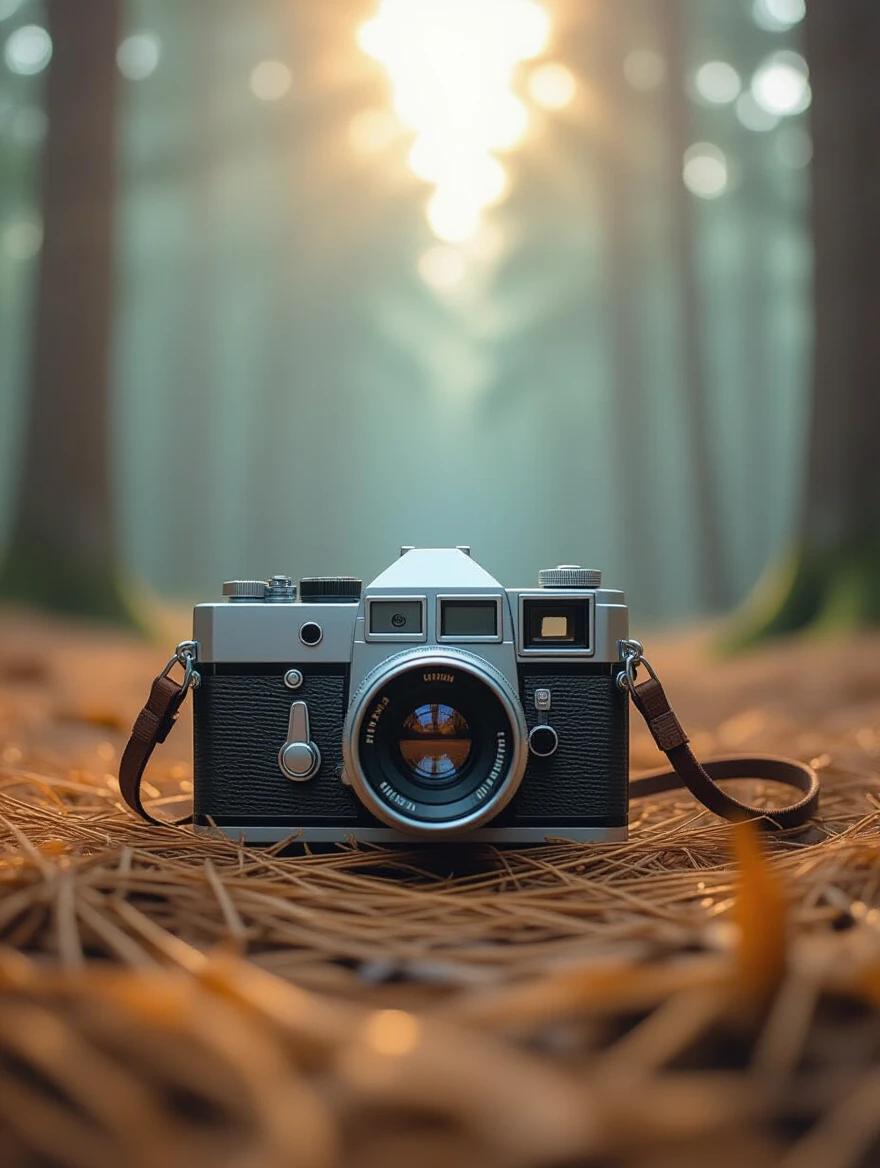 A minimal graphic design film poster featuring a brown small vintage camera. Interesting lighting in a forest. Tons of negative space. Few colors with turquoise lighting. Emitting a subtle ambiance of nostalgia. Elegant and modern composition.