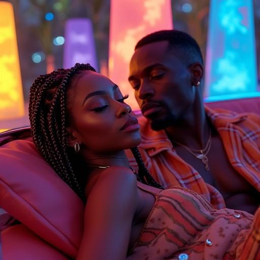 Close-up image of a Black man and woman in a futuristic recreation room. Soft neon lights illuminate their faces. They wear modern, stylish clothing. The room features designer furniture and glowing lava lamps. A warm and dreamy ambiance fills the space.