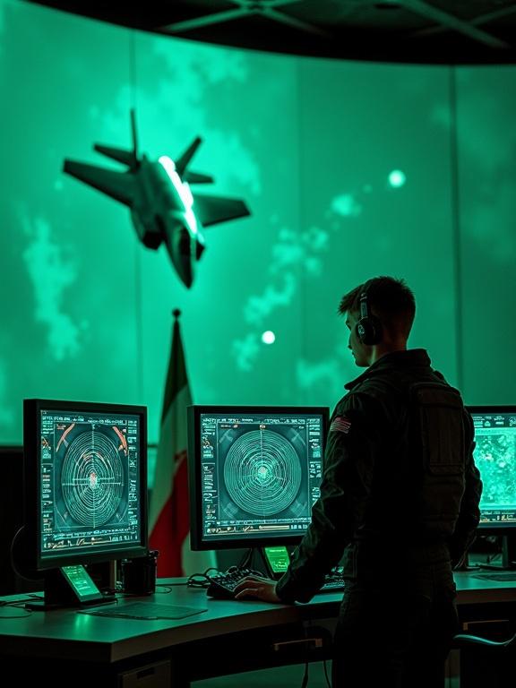 A focused individual in tactical gear. Radar console displays complex data. Green lighting highlights the control room. An F-35 model hovers above. Iranian flag in the background.