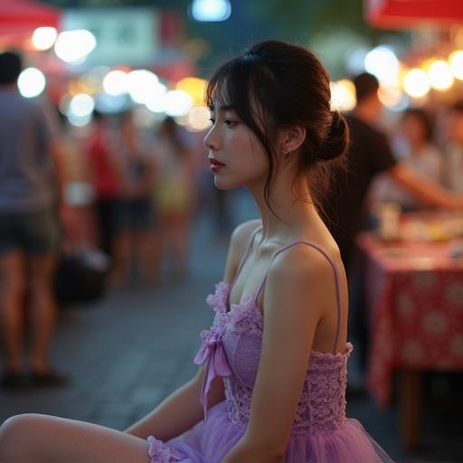 Peaceful outdoor scene at a night market. Chinese woman sits. She has tied wet hair. She wears a light purple lace skirt and blouse. White pale skin. Lips are teasingly curved. Atmosphere is tranquil. Artistic and intimate setting. Full body in frame. Camera angle is ultra high from above. Flash photography, slightly overexposed, visible lens dust and film grain.