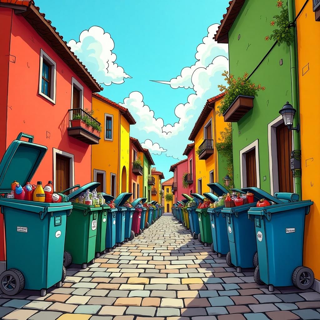 Cartoon-style town with vibrant colors. Cobblestone road lined with colorful trash cans. Inspired by Dr. Seuss.