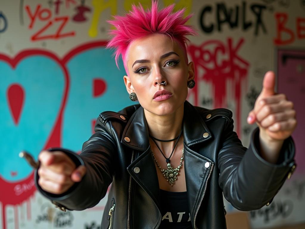 A confident individual with bright pink hair strikes a bold pose against a graffiti-covered wall. The subject wears a black leather jacket adorned with studs and expressive jewelry, exuding a punk rock aesthetic. The background is richly decorated with vibrant colors and urban art, enhancing the edgy and energetic atmosphere.