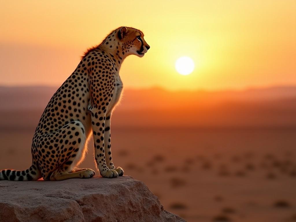 A cheetah sits gracefully on a rock, silhouetted against a stunning sunset. The sky is painted in warm oranges and yellows as the sun dips below the horizon. The cheetah, with its distinct spots, watches the landscape, embodying grace and awareness. The scene captures the beauty of wildlife in its natural habitat, showcasing the majesty of the cheetah. The composition emphasizes the vastness of the desert surrounding the animal.