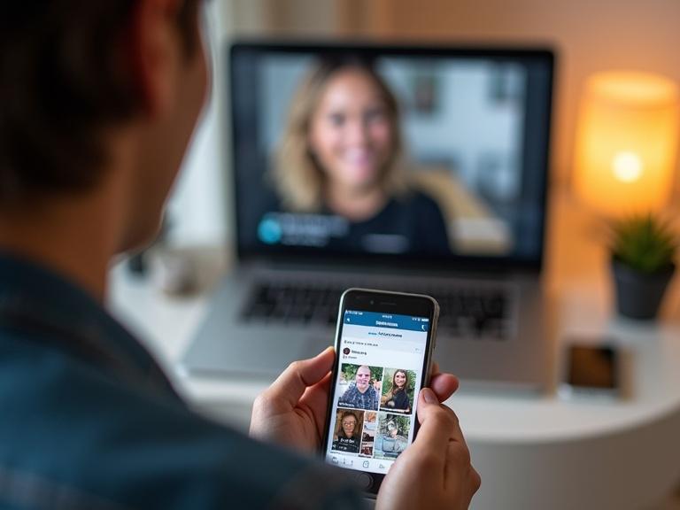 A person using their smartphone to view Instagram. The screen shows multiple profile images with likes. A laptop displays a smiling person. Ambient lighting in the background.