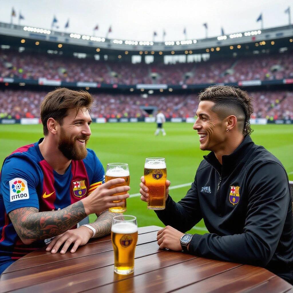 Famous football players enjoying beer at a stadium. Two men smiling and toasting. Background shows a packed stadium. Players wearing team jerseys.