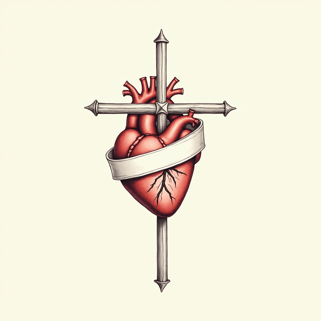 A human heart entwined with a cross and adorned with a ribbon, symbolizing a blend of emotion and faith.