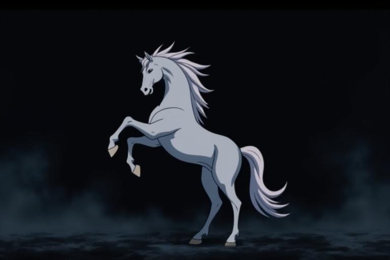 Anime depiction of a gray unicorn rearing up with a dark background. Majestic posture showcasing strength and beauty.