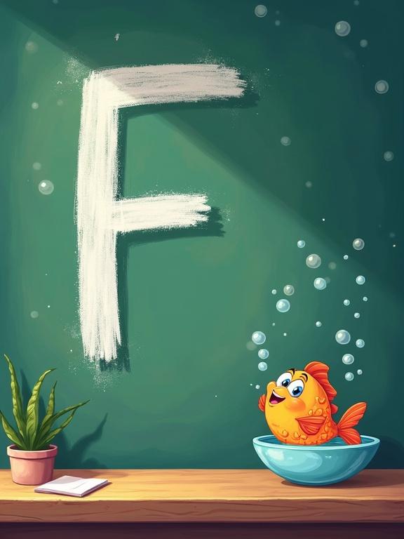 Vibrant cartoon illustration shows a green chalkboard with the letter F in white chalk. The letter has big expressive eyes and tiny arms. A cartoon fish in a bubble bowl blows cheerful bubbles towards the letter. Chalk dust is around the F with wavy water lines and a wooden frame. Style is soft pastels with warm lighting and an underwater-inspired background.