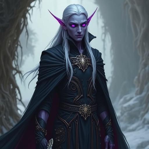 A tall slender male Drow Elf with obsidian skin and deep violet eyes stands confidently. Long silver hair falls to his shoulders. He wears dark clothing with spiderweb patterns on a cloak. A graceful curved blade is held in his hand. Drow tattoos or symbols may be visible. An aura of grace and agility surrounds him.