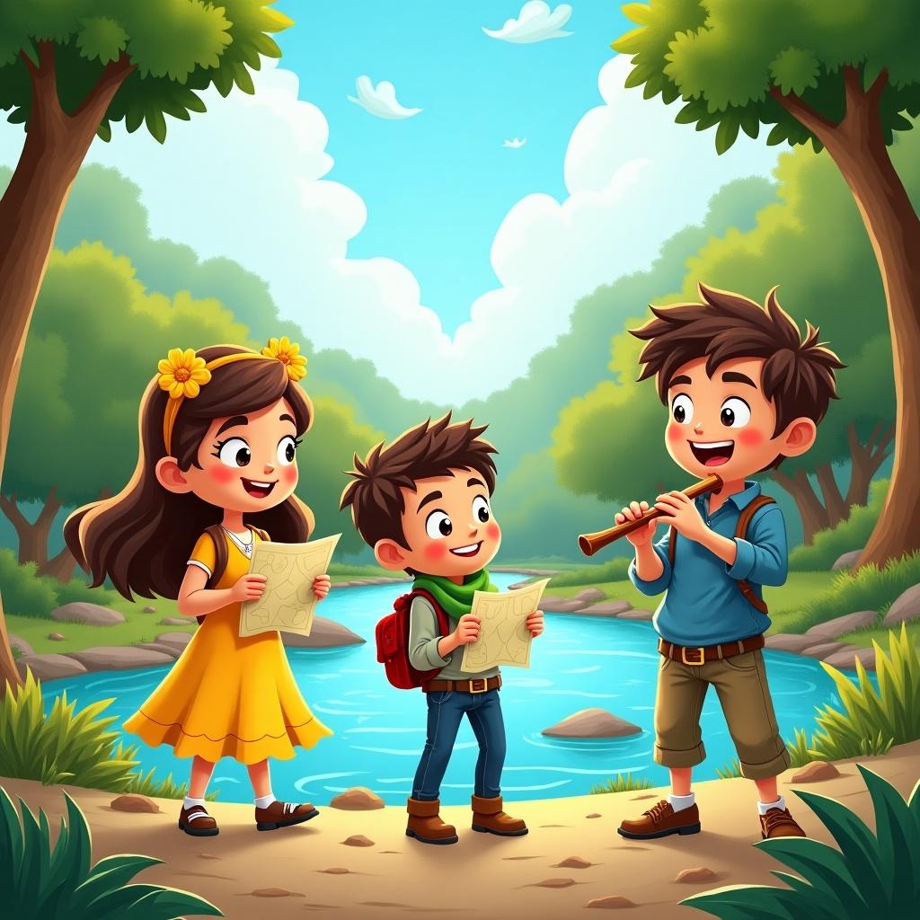 This image depicts three cheerful children enjoying a sunny day by a river. The girl, wearing a yellow dress and a flower headband, holds a map and smiles. The boy with a red backpack looks excited while another boy plays a flute. They are surrounded by lush greenery and a clear blue sky, which enhances the joyful atmosphere of their adventure. This scene is perfect for illustrating themes of friendship and exploration in nature.