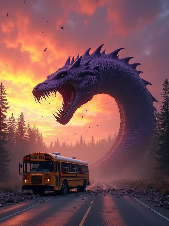 Colossal terrifying ribbed purple serpent rearing aggressively over broken yellow school bus on desolate road. Dramatic fiery sunset with orange red purple hues. Dense forest in the background. Flying debris and dust from destruction. Photorealistic cinematic action shot with epic scale and horror movie elements.