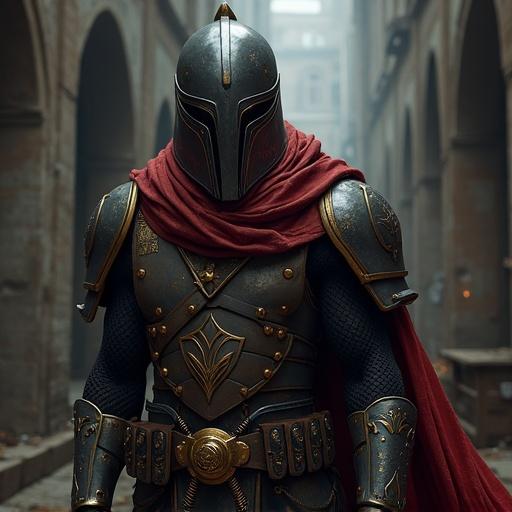 Dramatic scene featuring a medieval knight in detailed armor standing in a dimly lit alley. The knight has a mysterious presence, wearing a red cape and a closed helmet. The setting gives an atmosphere of fantasy and adventure.