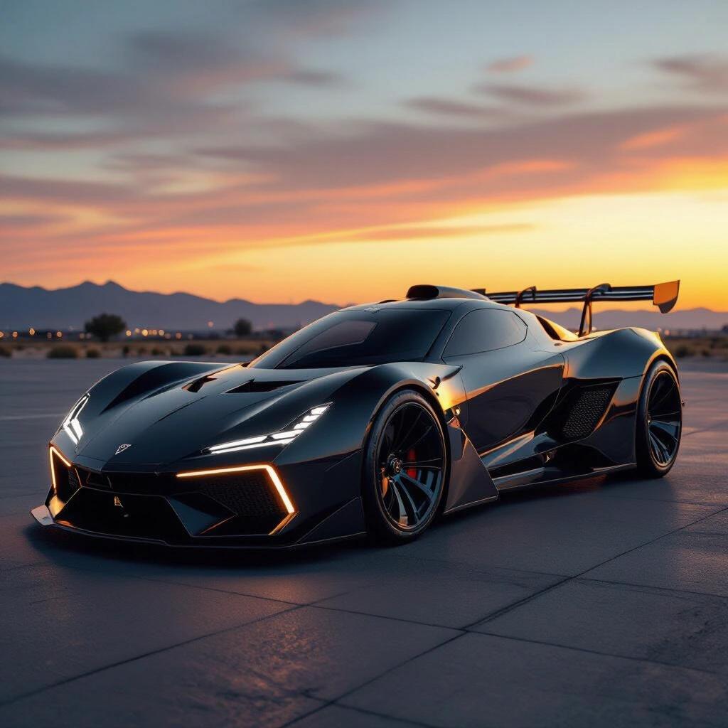 A parked angular dragster with a dual black tone design. The car looks futuristic and has a funny car style. The scene is captured in a raw photo during a dark sunset with deep grooves on the ground. It evokes comparisons to Lamborghini and Bugatti designs.